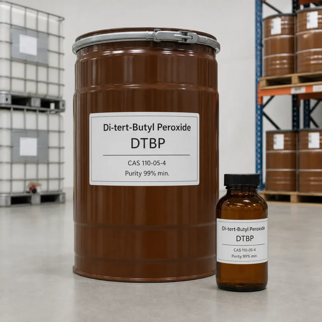 Di-tert-Butyl Peroxide (DTBP) Supplier China CAS 110-05-4 Applications and Industrial Use Cases Di-tert-Butyl Peroxide DTBP CAS 110-05-4 realistic warehouse product packaging image