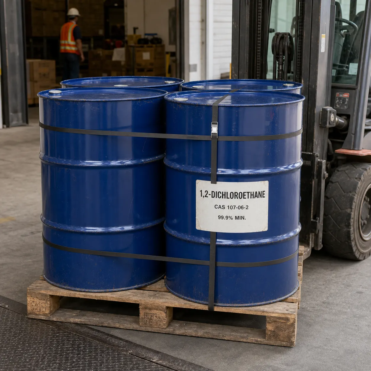 1,2-Dichloroethane Drum Loading CAS 107-06-2 1,2-Dichloroethane 200-liter drums secured on a pallet for loading, CAS 107-06-2