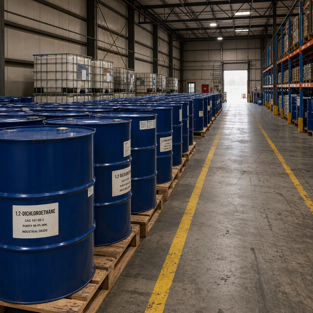 1,2-Dichloroethane Warehouse Stock CAS 107-06-2 Bulk 1,2-Dichloroethane drum stock in an organized warehouse, CAS 107-06-2