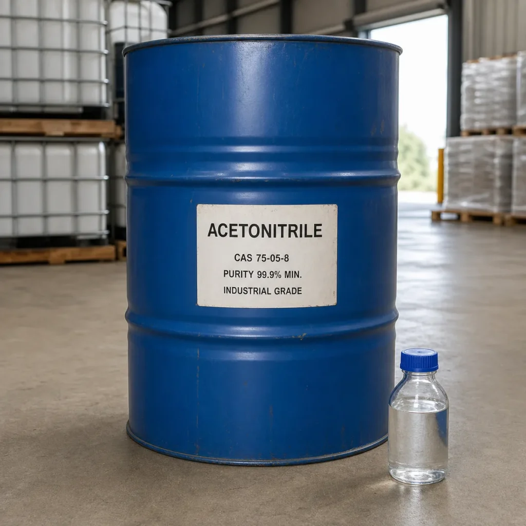 Acetonitrile industrial grade drum, CAS 75-05-8, purity 99.9% min., supplied by Xinchen