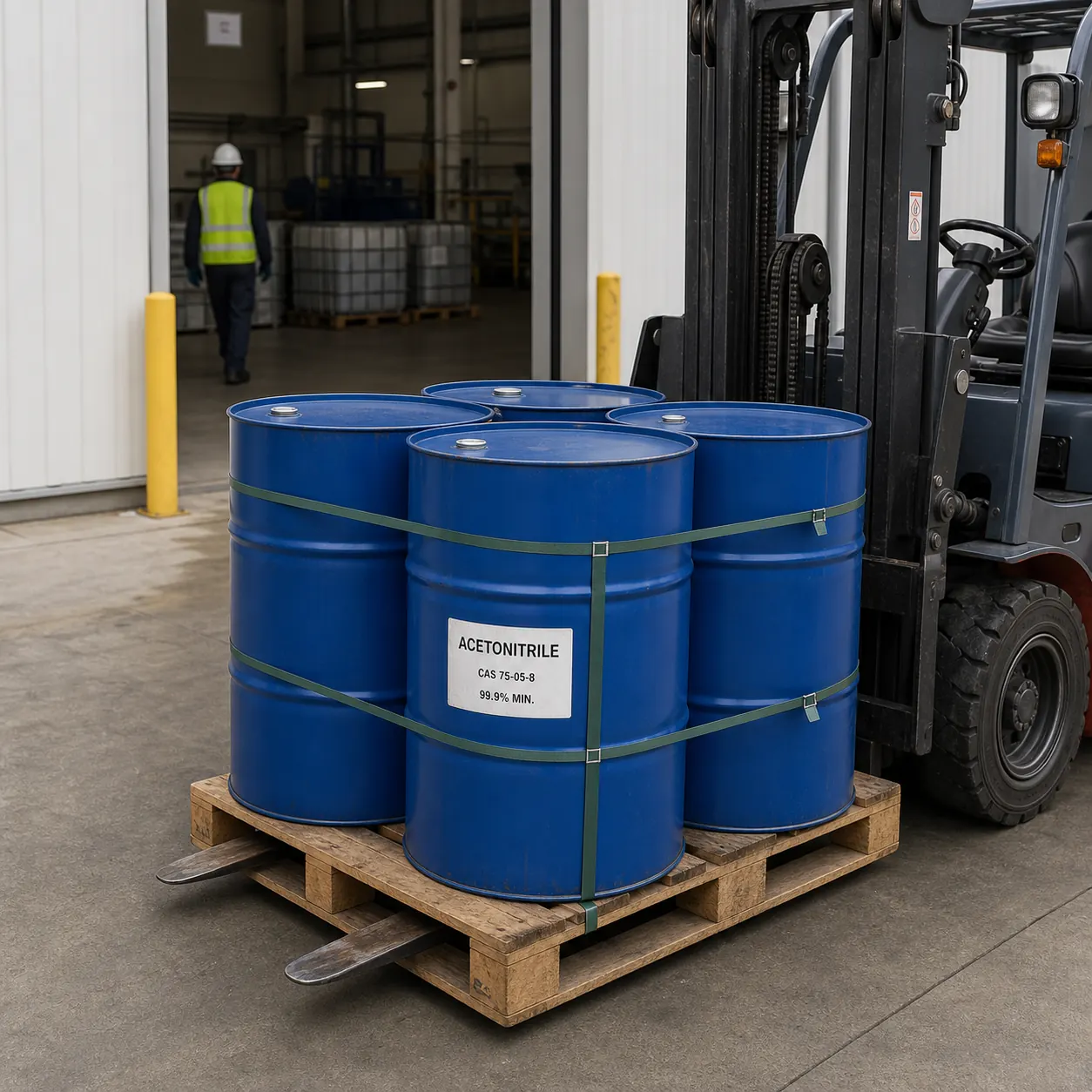 Acetonitrile Drum Loading CAS 75-05-8 Acetonitrile 200-liter drums secured on a pallet for warehouse loading, CAS 75-05-8