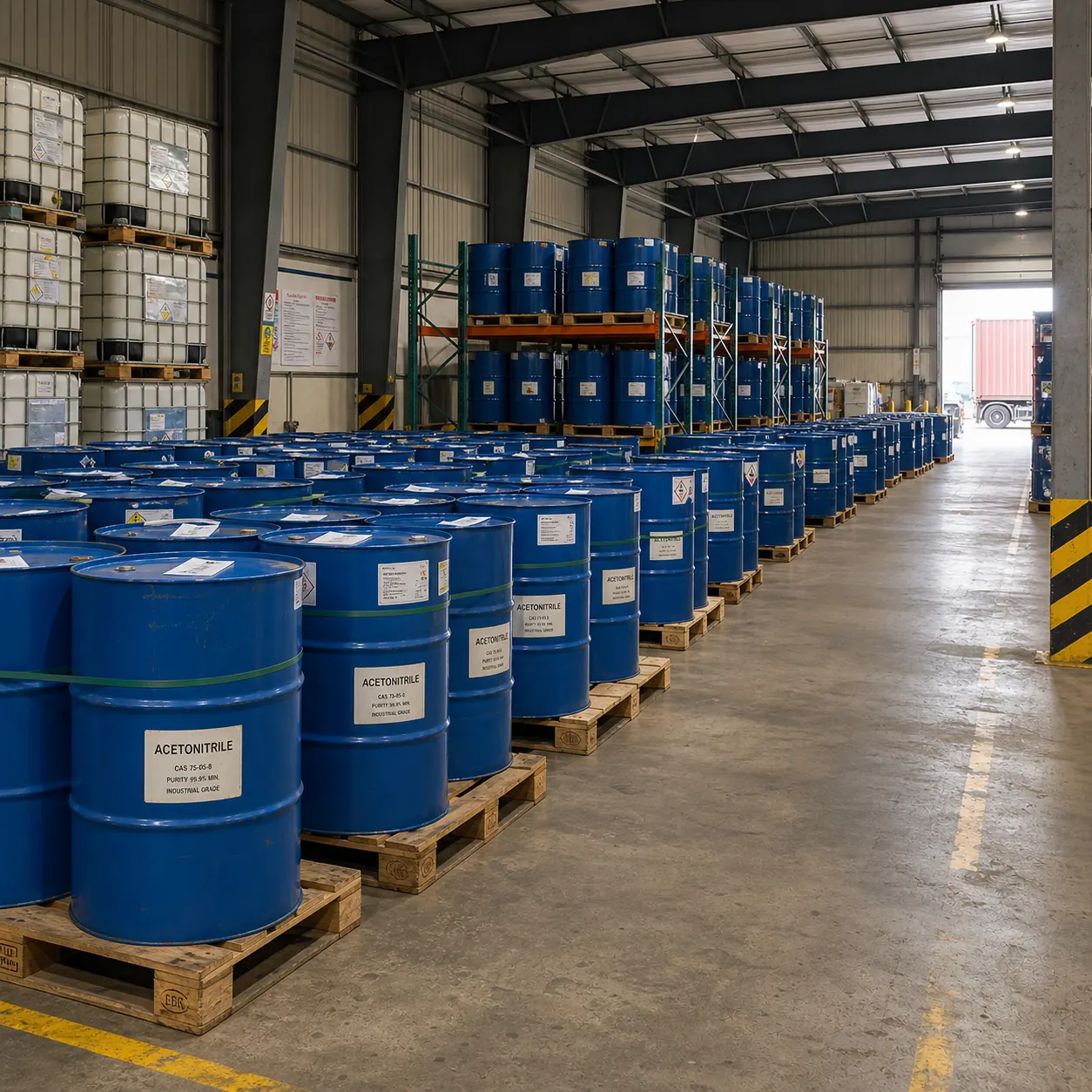 Acetonitrile Warehouse Stock CAS 75-05-8 Bulk Acetonitrile drum stock in an organized chemical warehouse, CAS 75-05-8