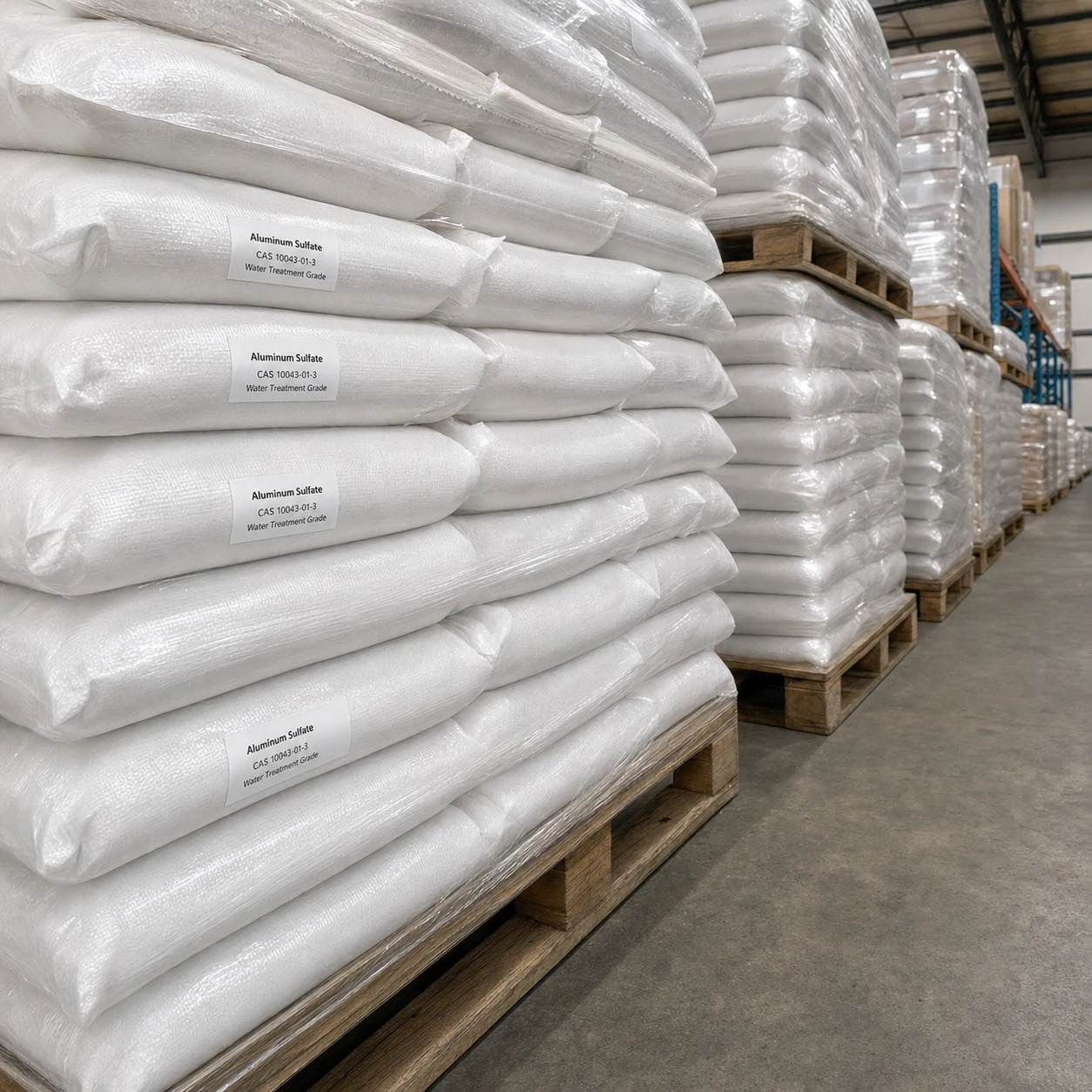 Aluminum Sulfate CAS 10043-01-3 water treatment grade stacked bag pallets in industrial warehouse Aluminum Sulfate CAS 10043-01-3 water treatment grade water treatment and papermaking chemical from Xinchen