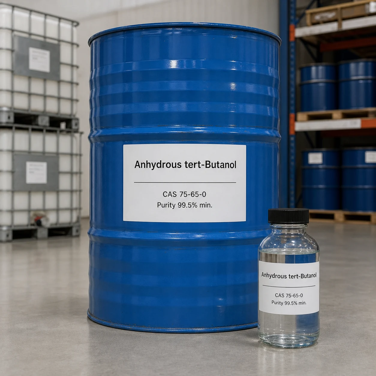 Anhydrous tert-Butanol CAS 75-65-0 purity 99.5% min realistic warehouse drum and sample bottle product image Anhydrous tert-Butanol CAS 75-65-0 99.5% min. low-moisture tertiary alcohol solvent and chemical raw material from Xinchen