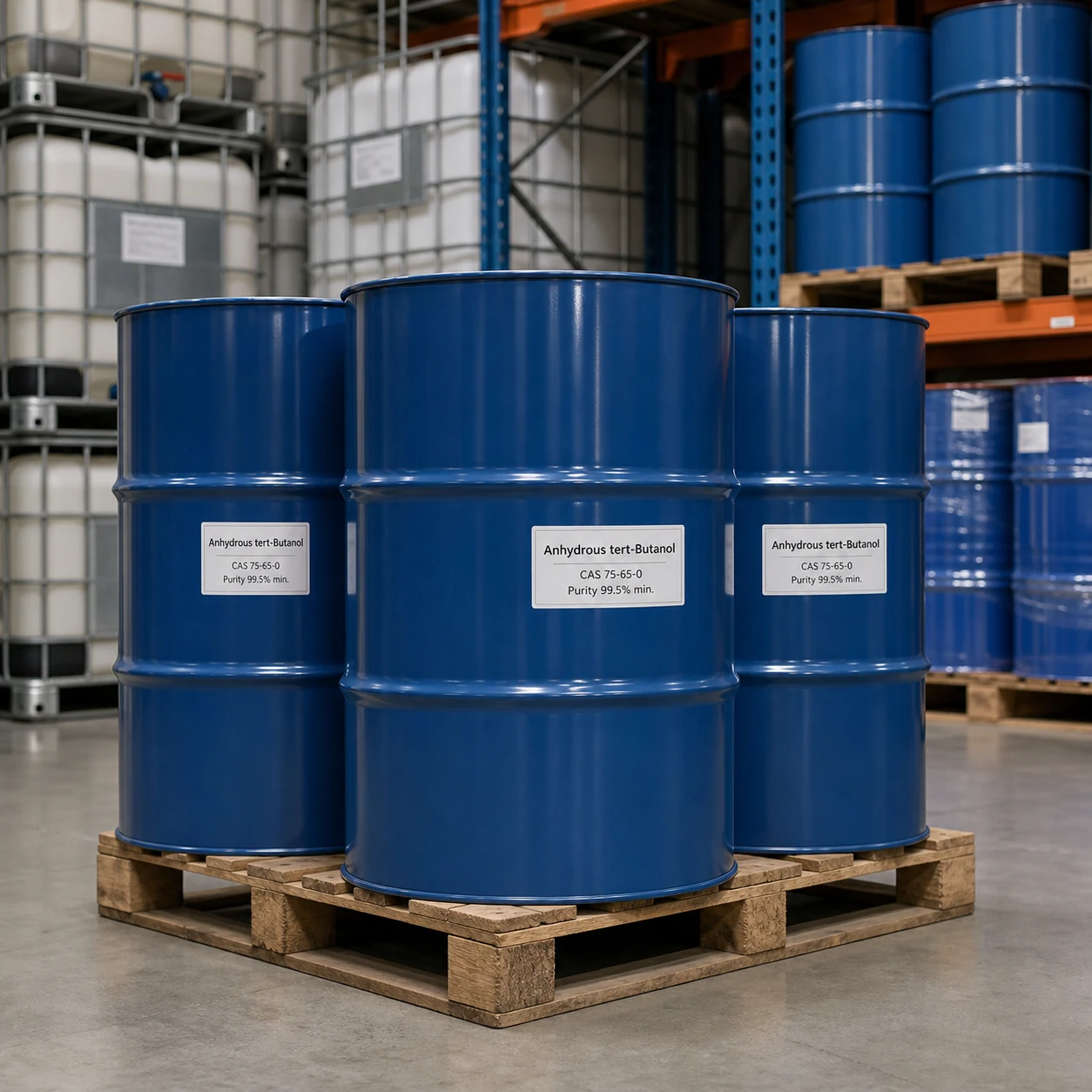 Anhydrous tert-Butanol CAS 75-65-0 purity 99.5% min blue chemical drums in warehouse Anhydrous tert-Butanol CAS 75-65-0 99.5% min. low-moisture tertiary alcohol solvent and chemical raw material from Xinchen