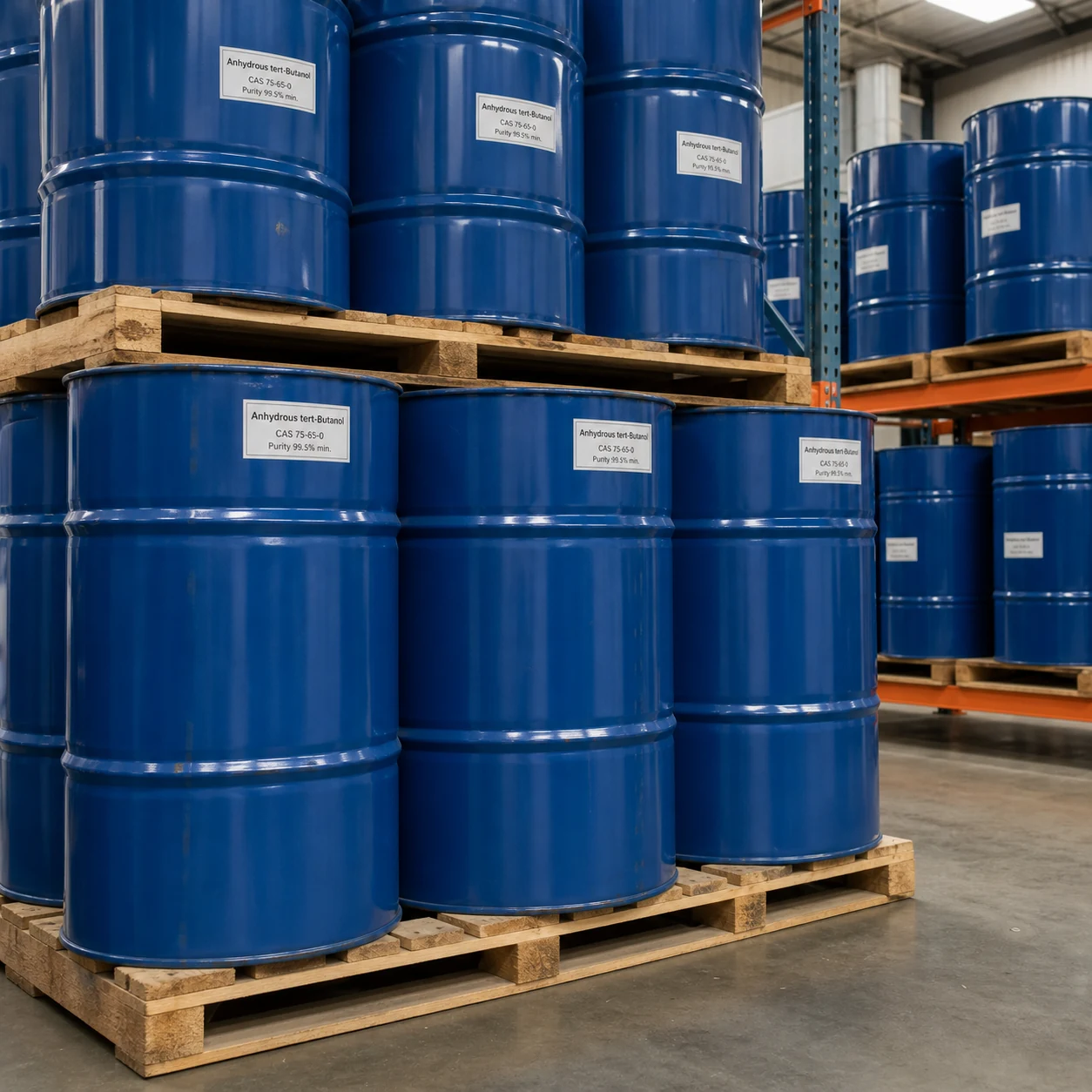 Anhydrous tert-Butanol CAS 75-65-0 purity 99.5% min stacked blue drums in industrial warehouse Anhydrous tert-Butanol CAS 75-65-0 99.5% min. low-moisture tertiary alcohol solvent and chemical raw material from Xinchen