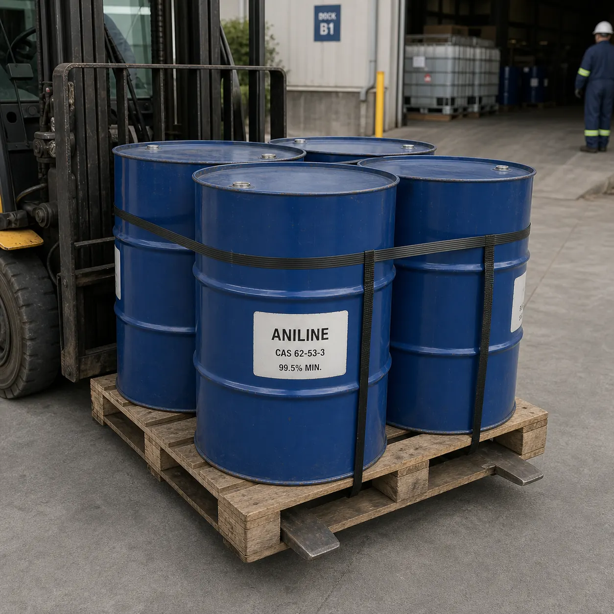 Aniline Drum Loading CAS 62-53-3 Aniline 200-liter drums secured on a pallet for warehouse loading, CAS 62-53-3