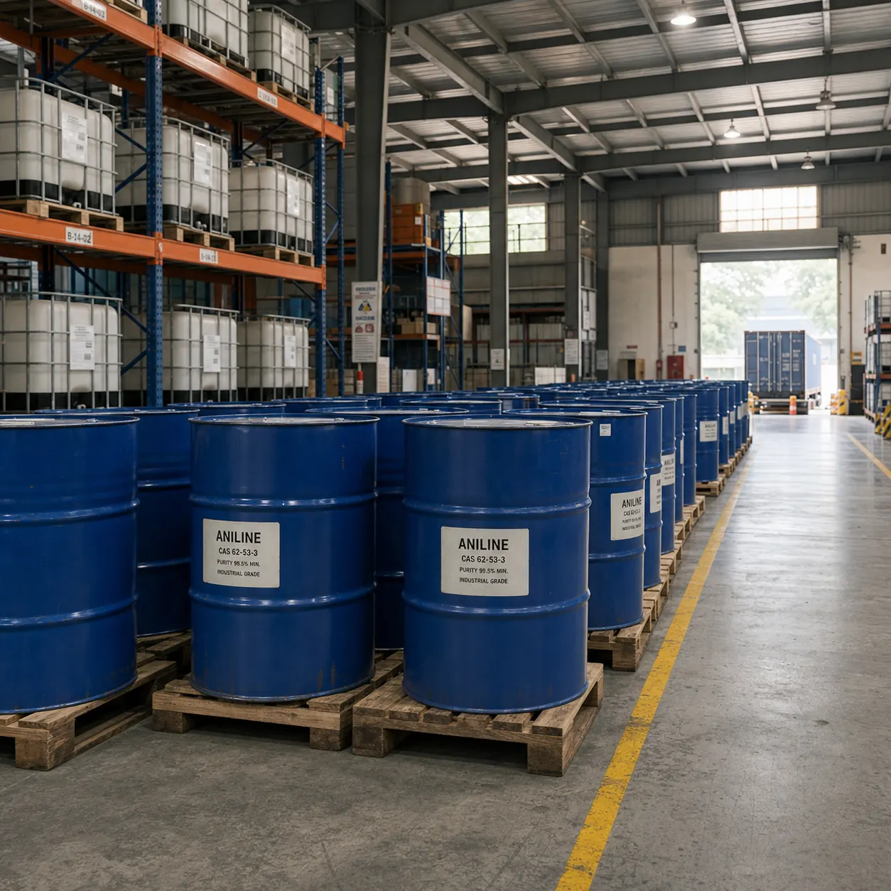 Aniline Warehouse Stock CAS 62-53-3 Bulk Aniline drum stock in an organized chemical warehouse, CAS 62-53-3