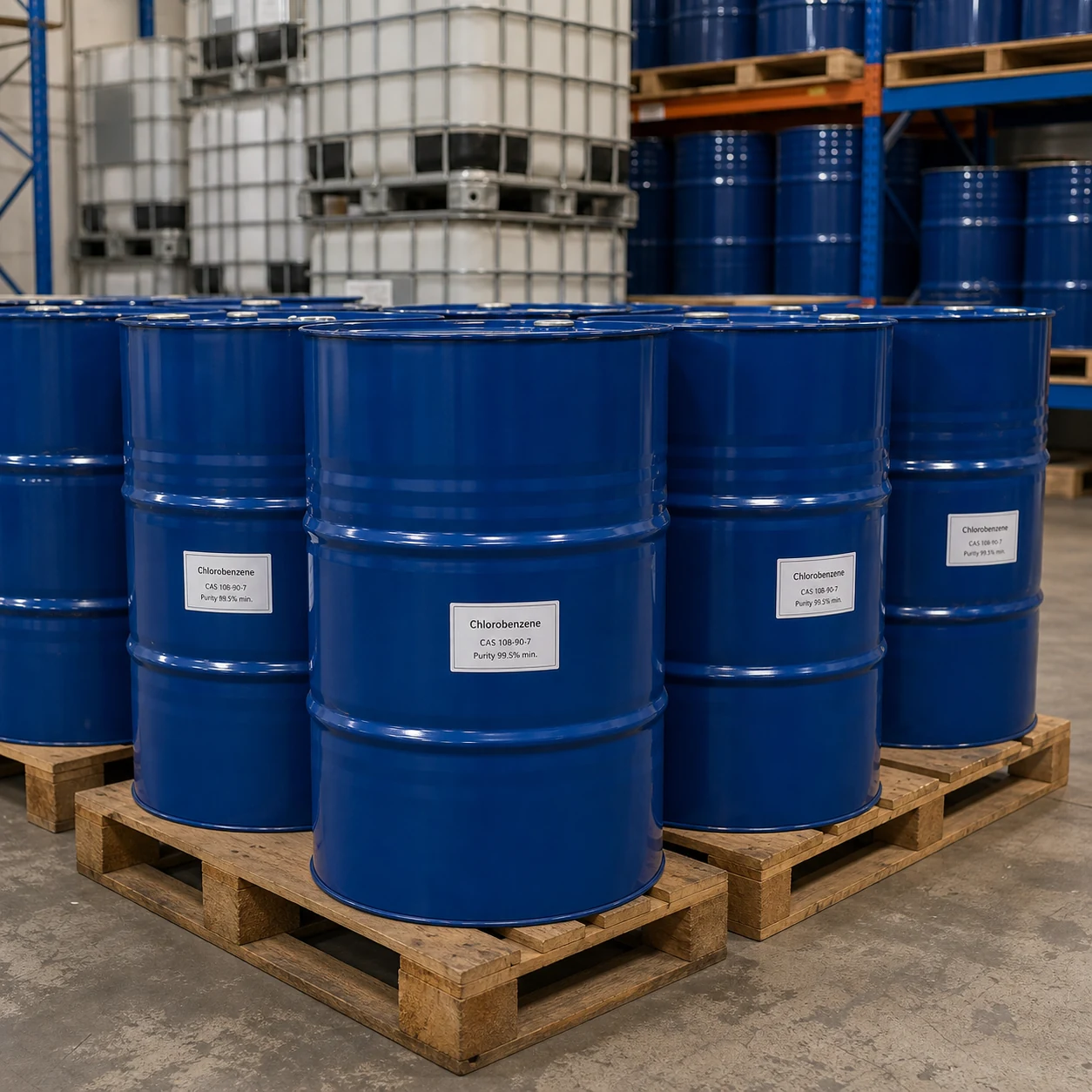 Chlorobenzene CAS 108-90-7 purity 99.5% min blue chemical drums in warehouse Chlorobenzene CAS 108-90-7 99.5% min. aromatic chlorinated solvent and organic synthesis intermediate from Xinchen