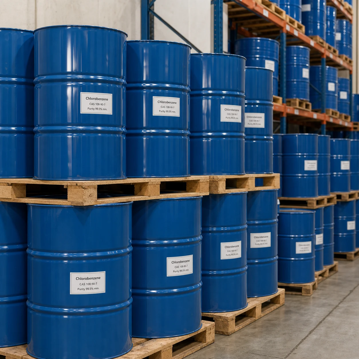 Chlorobenzene CAS 108-90-7 purity 99.5% min stacked blue drums in industrial warehouse Chlorobenzene CAS 108-90-7 99.5% min. aromatic chlorinated solvent and organic synthesis intermediate from Xinchen