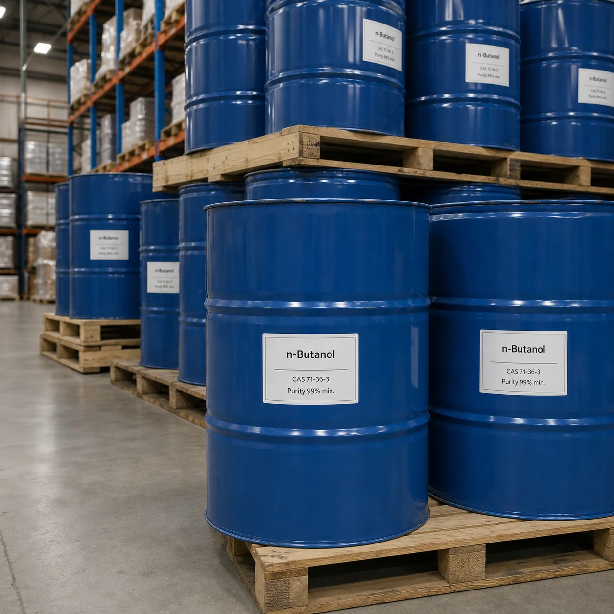 n-Butanol CAS 71-36-3 Purity 99% min warehouse stacked drums n-Butanol CAS 71-36-3 99% min. industrial alcohol solvent and chemical intermediate from Xinchen