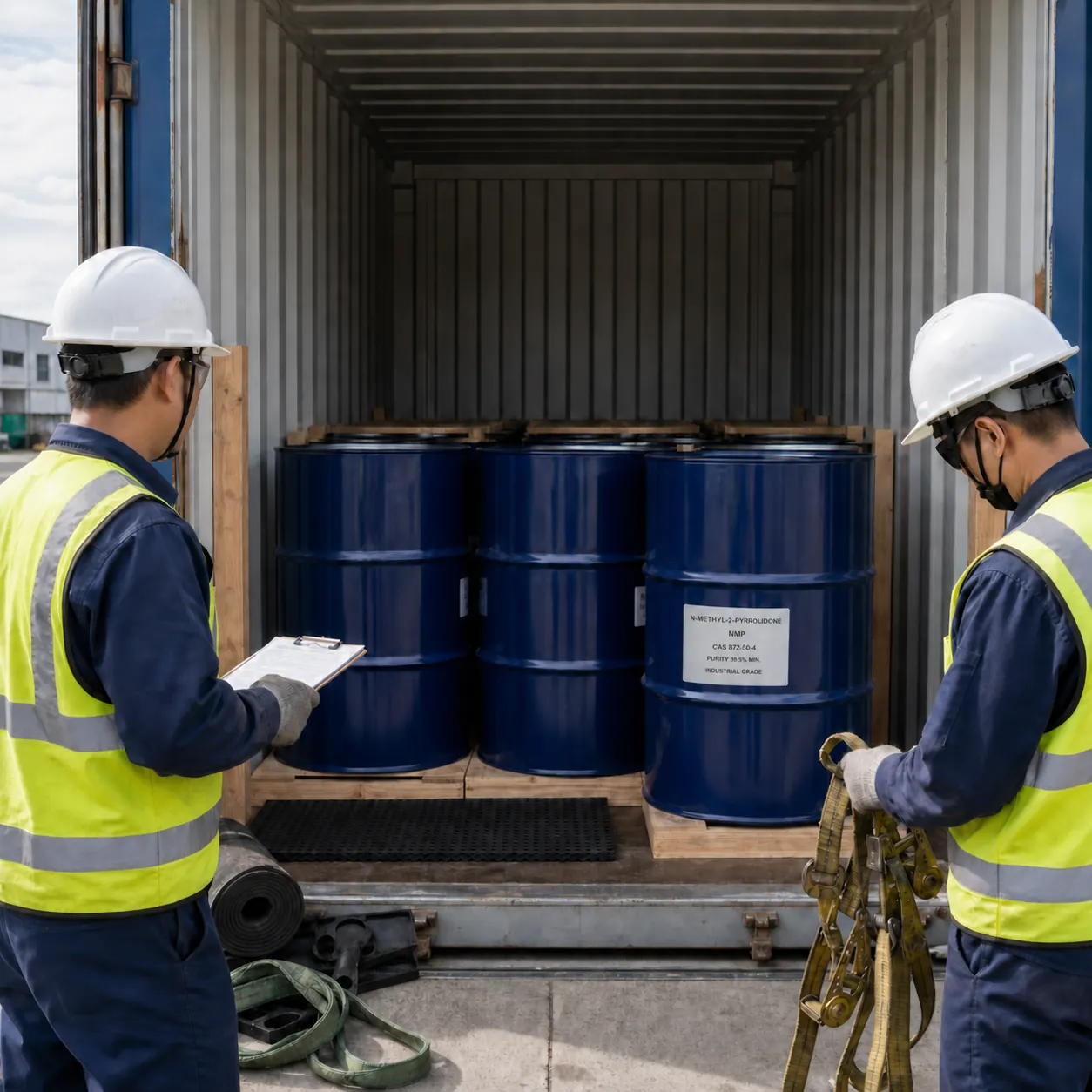 NMP Container Loading CAS 872-50-4 NMP steel drums with unified product labels during export container loading, CAS 872-50-4
