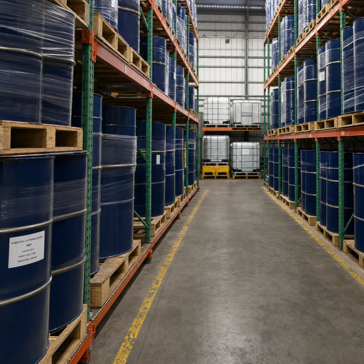 NMP Pallet Rack Warehouse CAS 872-50-4 NMP 200-liter drums stored on multi-level pallet racks with a dedicated IBC zone, CAS 872-50-4