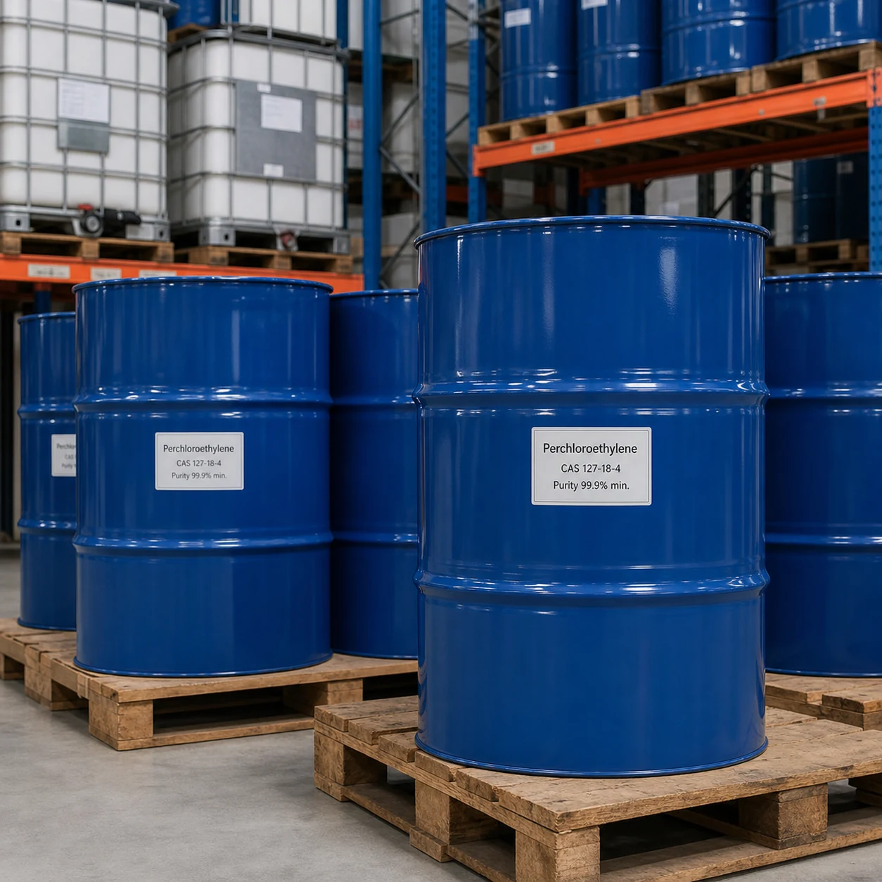 Perchloroethylene CAS 127-18-4 purity 99.9% min blue chemical drums in warehouse Perchloroethylene CAS 127-18-4 99.9% min. chlorinated solvent for industrial cleaning and chemical processing from Xinchen