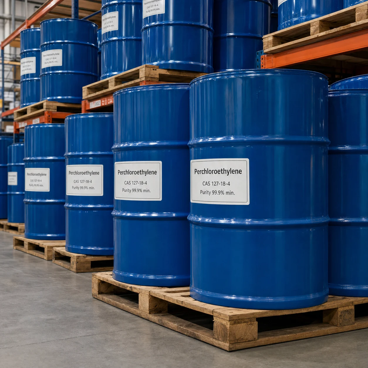 Perchloroethylene CAS 127-18-4 purity 99.9% min stacked blue drums in industrial warehouse Perchloroethylene CAS 127-18-4 99.9% min. chlorinated solvent for industrial cleaning and chemical processing from Xinchen