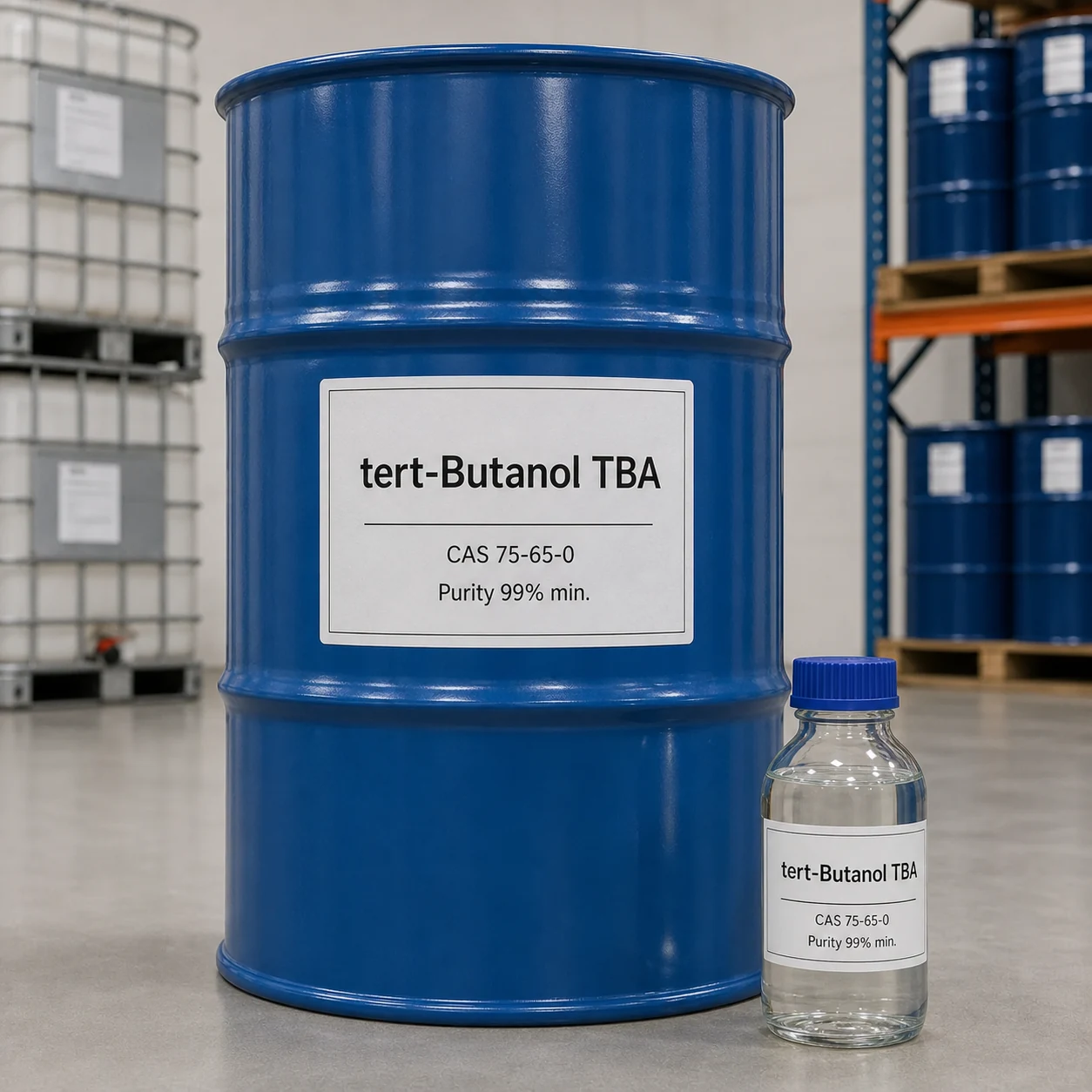 tert-Butanol TBA CAS 75-65-0 purity 99% min realistic warehouse drum and sample bottle product image tert-Butanol TBA CAS 75-65-0 99% min. tertiary alcohol solvent and industrial chemical raw material from Xinchen