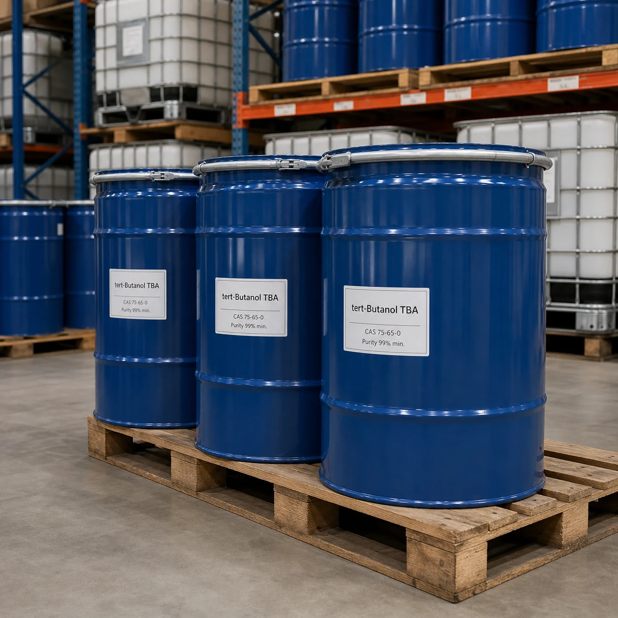 tert-Butanol TBA CAS 75-65-0 purity 99% min blue chemical drums in warehouse tert-Butanol TBA CAS 75-65-0 99% min. tertiary alcohol solvent and industrial chemical raw material from Xinchen
