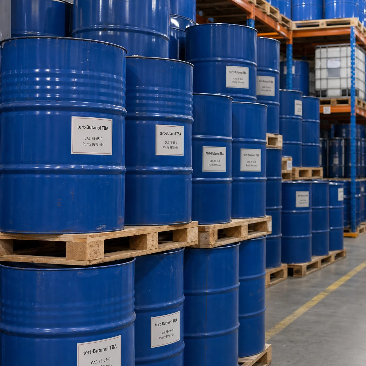 tert-Butanol TBA CAS 75-65-0 purity 99% min stacked blue drums in industrial warehouse tert-Butanol TBA CAS 75-65-0 99% min. tertiary alcohol solvent and industrial chemical raw material from Xinchen