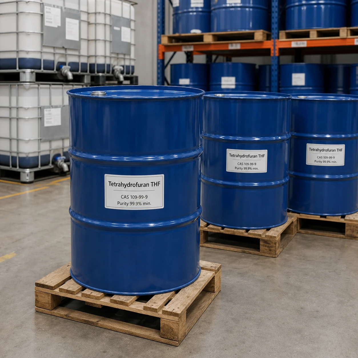 Tetrahydrofuran THF CAS 109-99-9 purity 99.9% min blue chemical drums in warehouse Tetrahydrofuran THF CAS 109-99-9 99.9% min. ether solvent for polymers, coatings, adhesives and synthesis from Xinchen