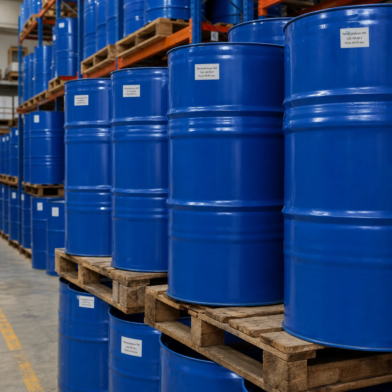Tetrahydrofuran THF CAS 109-99-9 purity 99.9% min stacked blue drums in industrial warehouse Tetrahydrofuran THF CAS 109-99-9 99.9% min. ether solvent for polymers, coatings, adhesives and synthesis from Xinchen