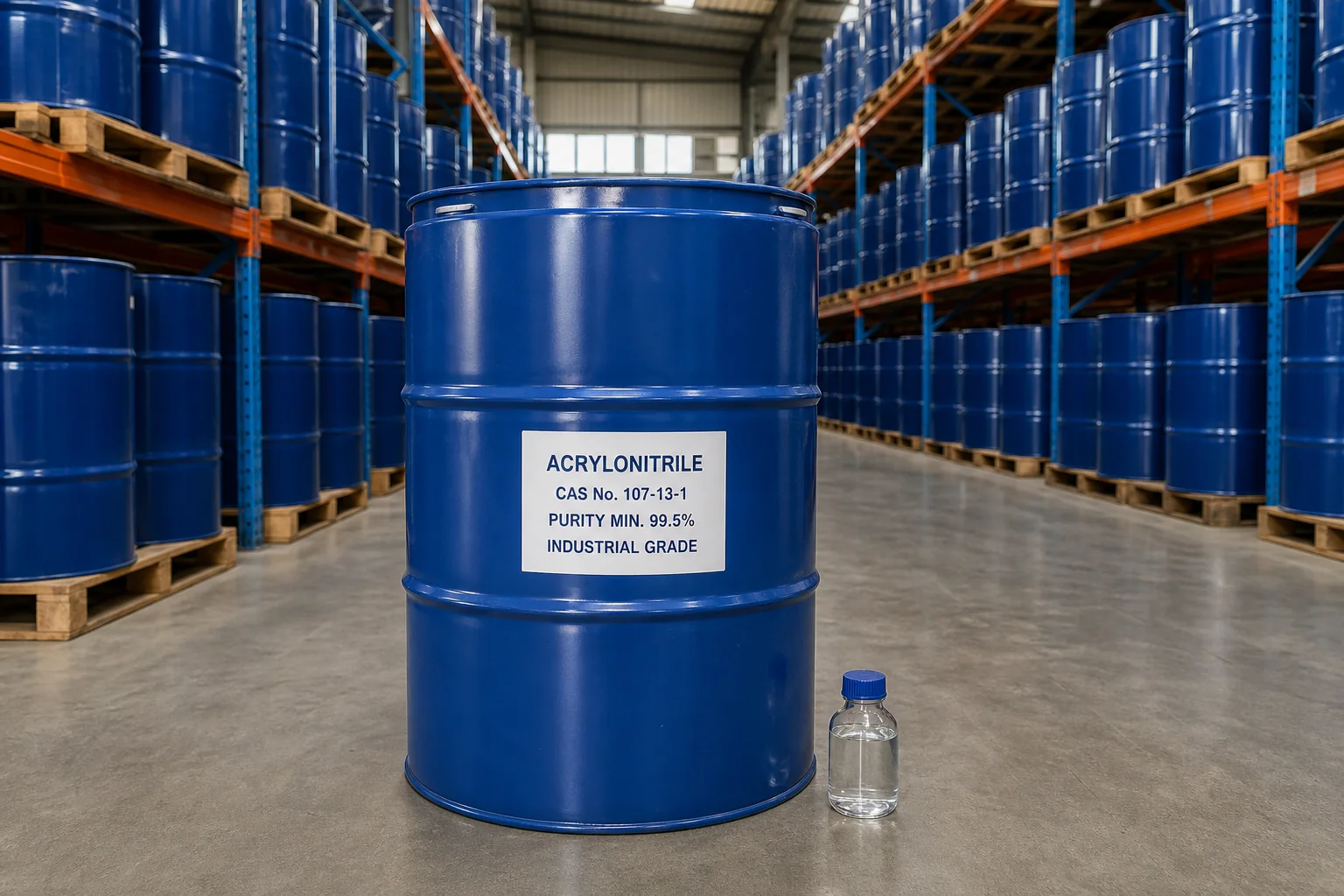 Acrylonitrile Industrial Grade CAS 107-13-1 Acrylonitrile industrial grade in a common blue 200L steel drum, CAS 107-13-1, purity 99.5% min., supplied by Xinchen