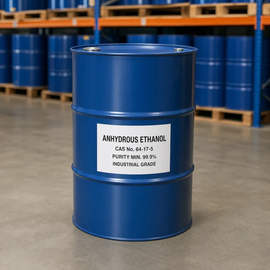 Anhydrous Ethanol industrial grade packaging detail in a blue 200L closed-head steel drum, CAS 64-17-5, purity 99.9% min.