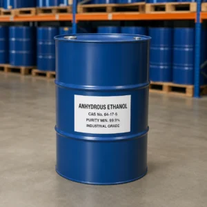 Anhydrous Ethanol industrial grade packaging detail in a blue 200L closed-head steel drum, CAS 64-17-5, purity 99.9% min.