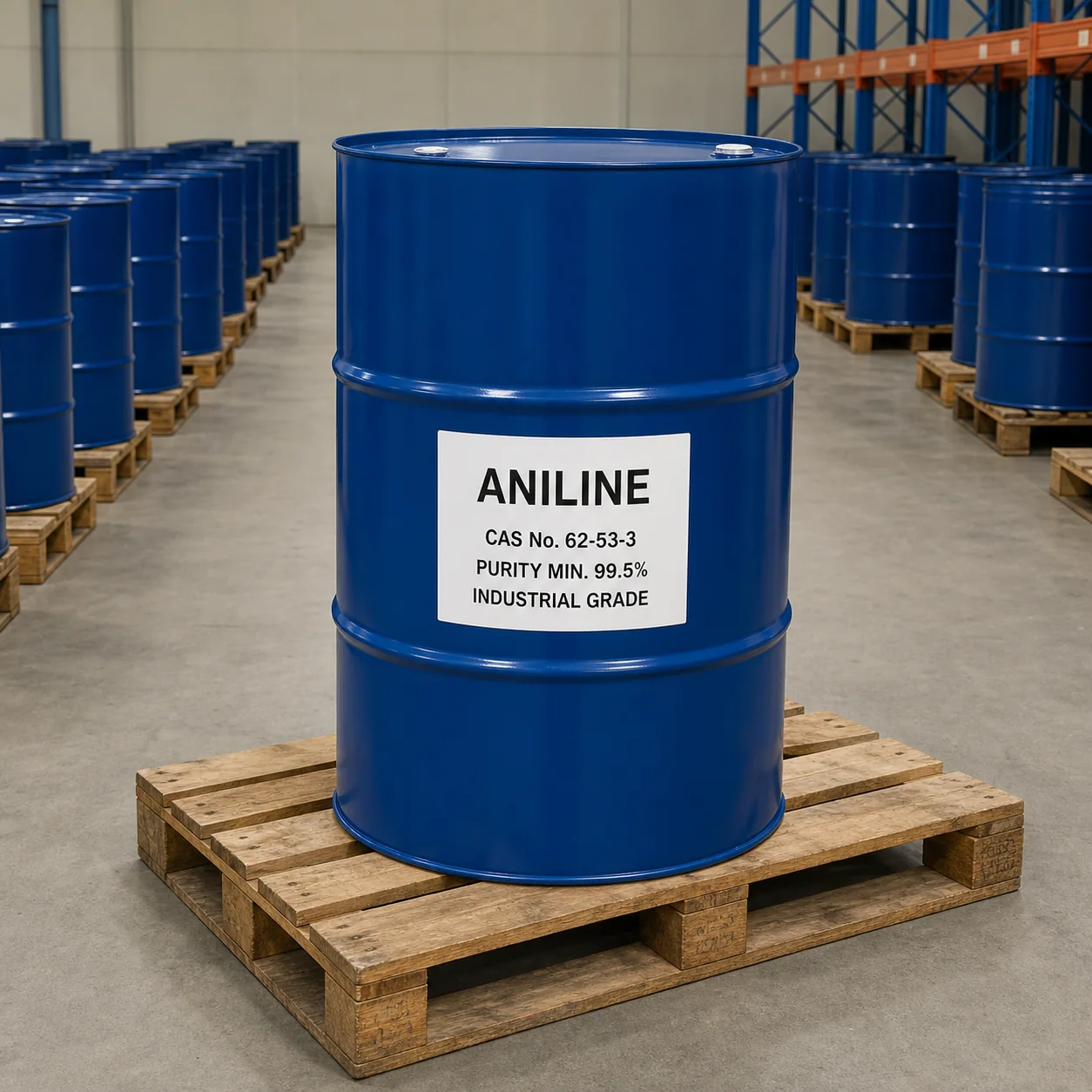 Aniline Industrial Grade CAS 62-53-3 Aniline industrial grade in a common blue 200L steel drum on a warehouse pallet, CAS 62-53-3, purity 99.5% min.