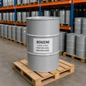 Benzene industrial grade in a light gray 200L steel drum in an organized chemical warehouse, CAS 71-43-2, purity 99.9% min.