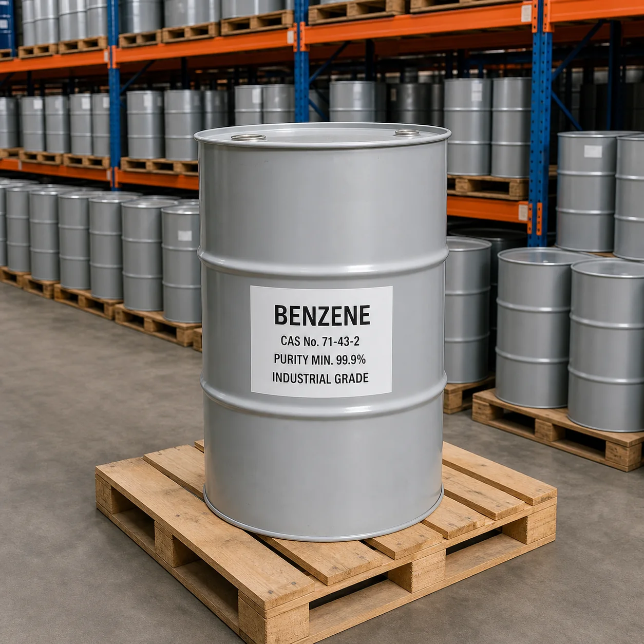 Benzene Industrial Grade CAS 71-43-2 Benzene industrial grade in a light gray 200L steel drum in an organized chemical warehouse, CAS 71-43-2, purity 99.9% min.