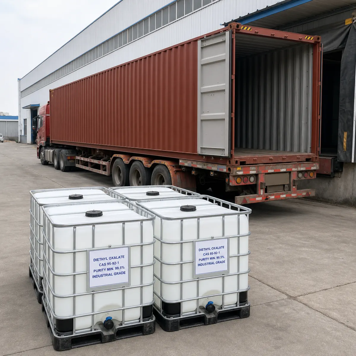 Diethyl Oxalate IBC Dispatch with 40-Foot Container Four Diethyl Oxalate IBC totes staged beside a full-length 40-foot shipping container semi-trailer