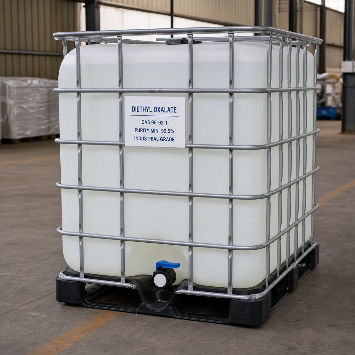 Diethyl Oxalate IBC Packaging in Working Warehouse Diethyl Oxalate industrial grade CAS 95-92-1 purity min. 99.5% in a near-full IBC with professional label holder