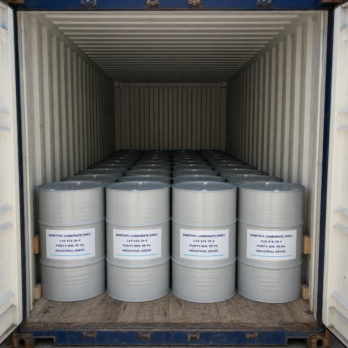 Dimethyl Carbonate DMC 200L Drums Container Loading Dimethyl Carbonate DMC 200L steel drums loaded four across in a standard shipping container