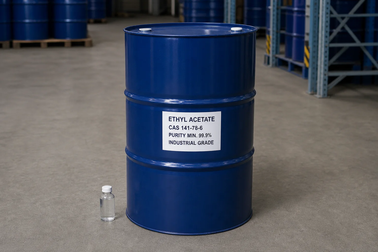 Ethyl Acetate Industrial Grade CAS 141-78-6 Ethyl Acetate industrial grade in 200L steel drum, CAS 141-78-6, purity 99.9% min., supplied by Xinchen