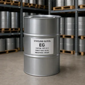 Ethylene Glycol EG industrial grade packaging detail in a silver-gray 200L closed-head steel drum, CAS 107-21-1, purity 99.9% min.