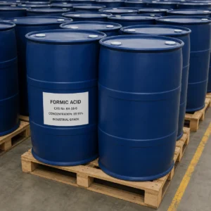 Formic Acid industrial grade in space-efficient palletized blue 200L HDPE drums, CAS 64-18-6, concentration 85-99%