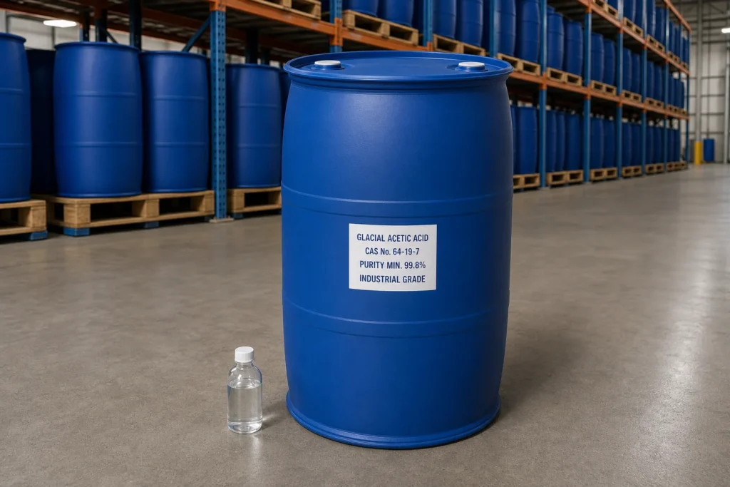 Glacial Acetic Acid in a common blue 200L HDPE drum, CAS 64-19-7, purity 99.8% min., supplied by Xinchen