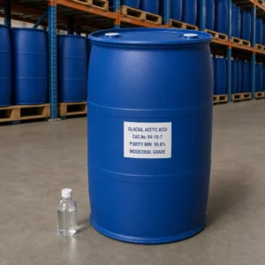 Hazardous Chemical Supplier from China Glacial Acetic Acid in a common blue 200L HDPE drum, CAS 64-19-7, purity 99.8% min., supplied by Xinchen