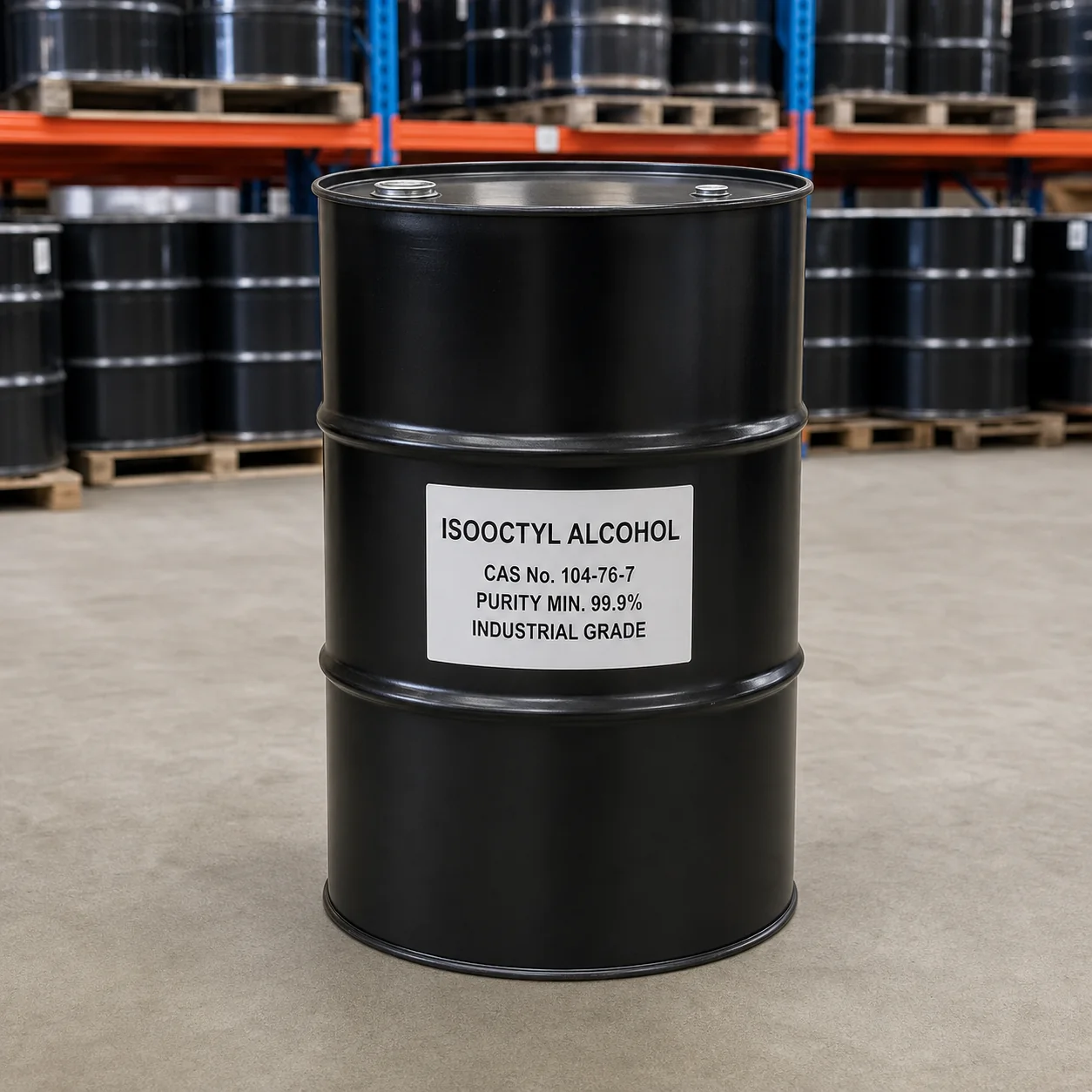 Isooctyl Alcohol 200L Steel Drum CAS 104-76-7 Isooctyl Alcohol industrial grade packaging detail in a black 200L closed-head steel drum, CAS 104-76-7, purity 99.9% min.