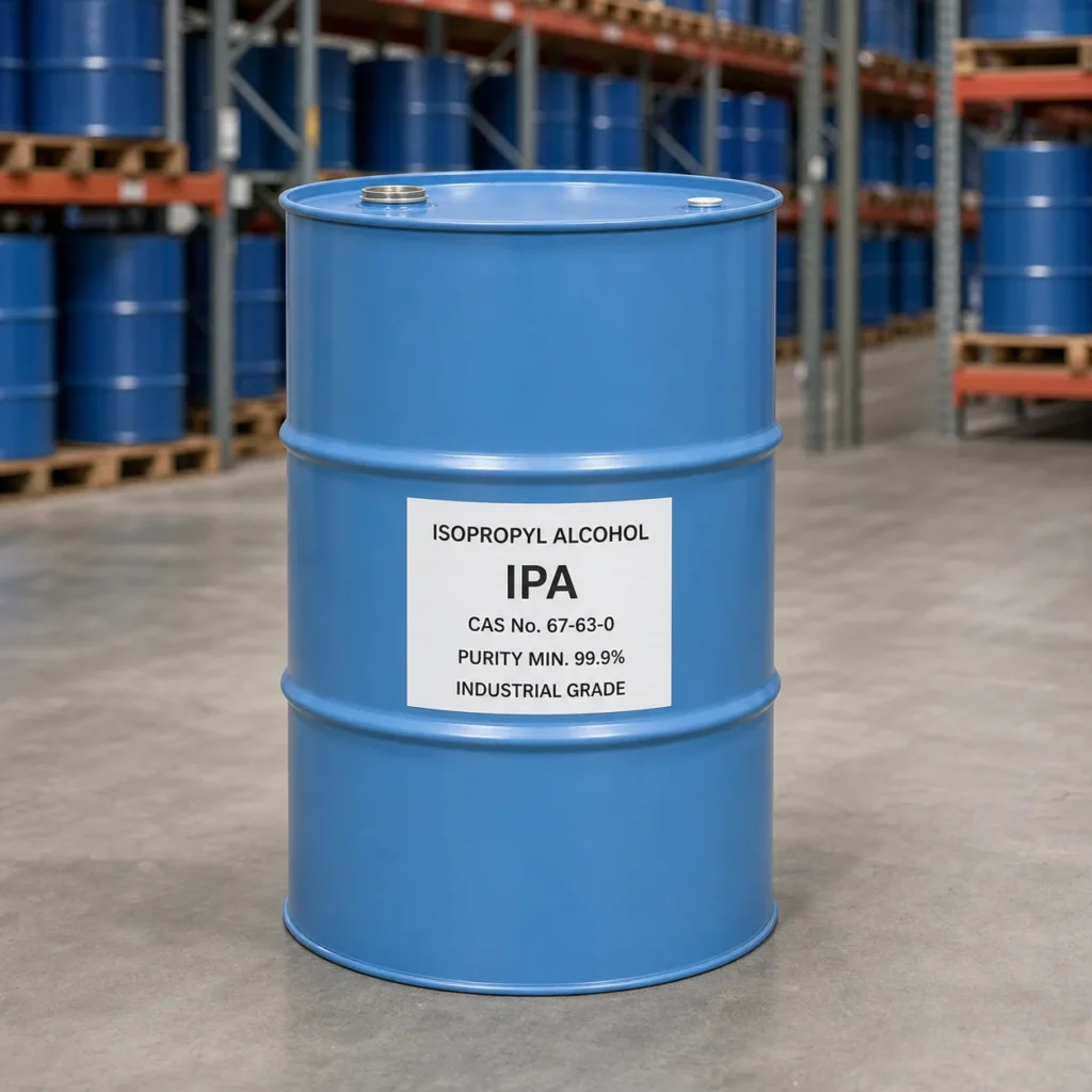 Isopropyl Alcohol (IPA) CAS 67-63-0 Applications and Industrial Use Cases Isopropyl Alcohol IPA industrial grade packaging detail in a light blue 200L closed-head steel drum, CAS 67-63-0, purity 99.9% min.