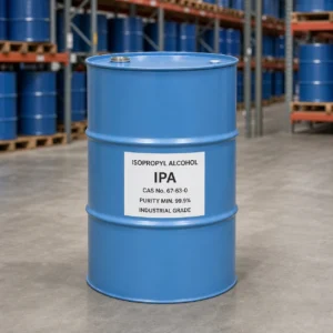Hazardous Chemical Supplier from China Isopropyl Alcohol IPA industrial grade packaging detail in a light blue 200L closed-head steel drum, CAS 67-63-0, purity 99.9% min.