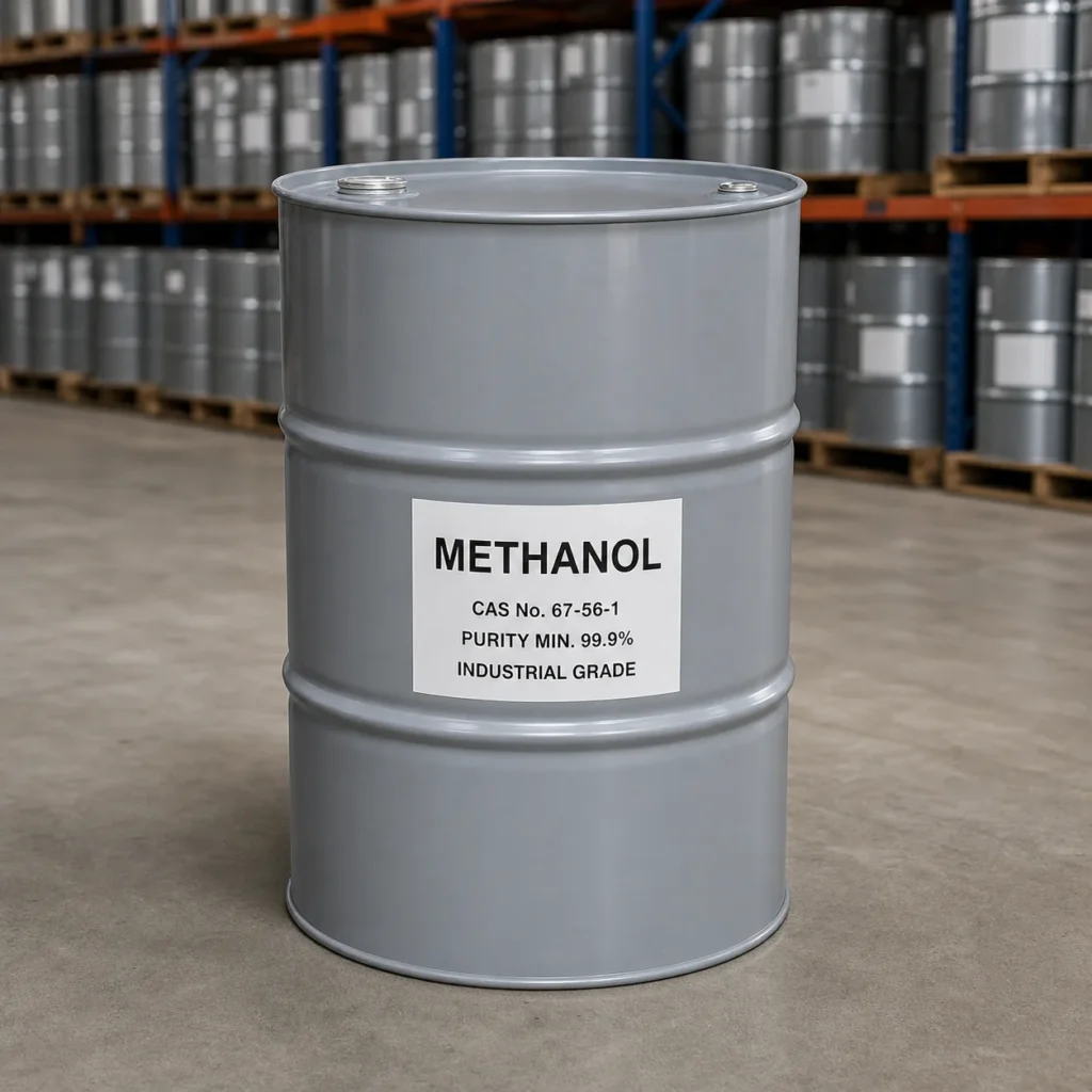 Methanol CAS 67-56-1 Applications and Industrial Use Cases Methanol industrial grade packaging detail in a gray 200L closed-head steel drum, CAS 67-56-1, purity 99.9% min.