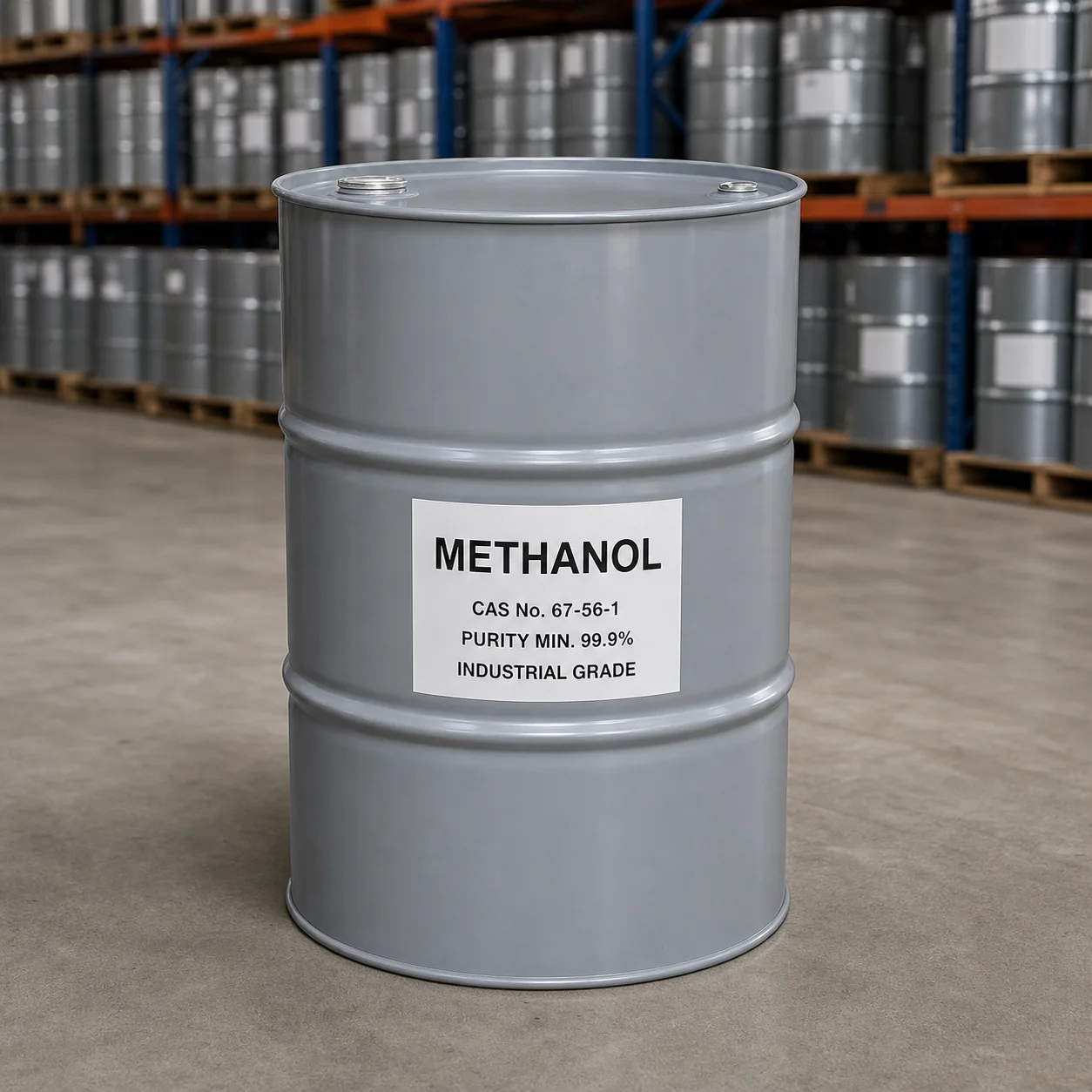 Methanol 200L Steel Drum Packaging CAS 67-56-1 Methanol industrial grade packaging detail in a gray 200L closed-head steel drum, CAS 67-56-1, purity 99.9% min.