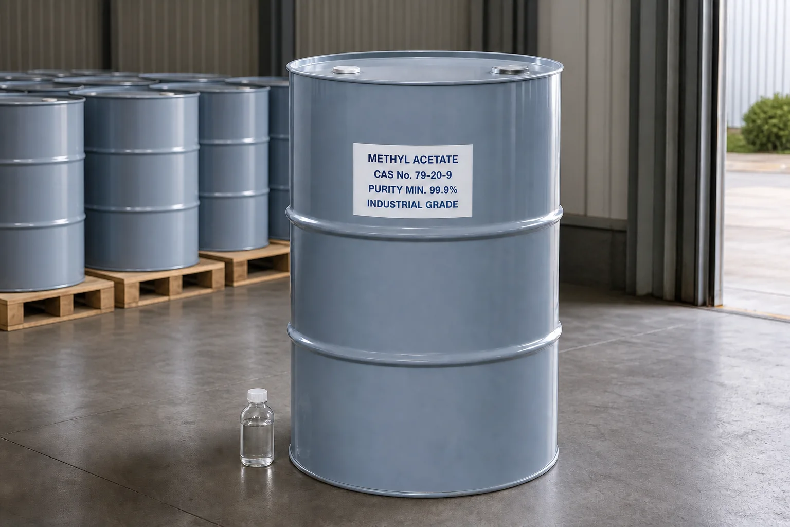 Methyl Acetate Industrial Grade CAS 79-20-9 Methyl Acetate industrial grade in a 200L steel drum, CAS 79-20-9, purity 99.9% min., supplied by Xinchen
