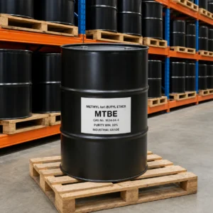 Methyl tert-Butyl Ether MTBE industrial grade in a black 200L steel drum in an organized warehouse, CAS 1634-04-4, purity 99% min.