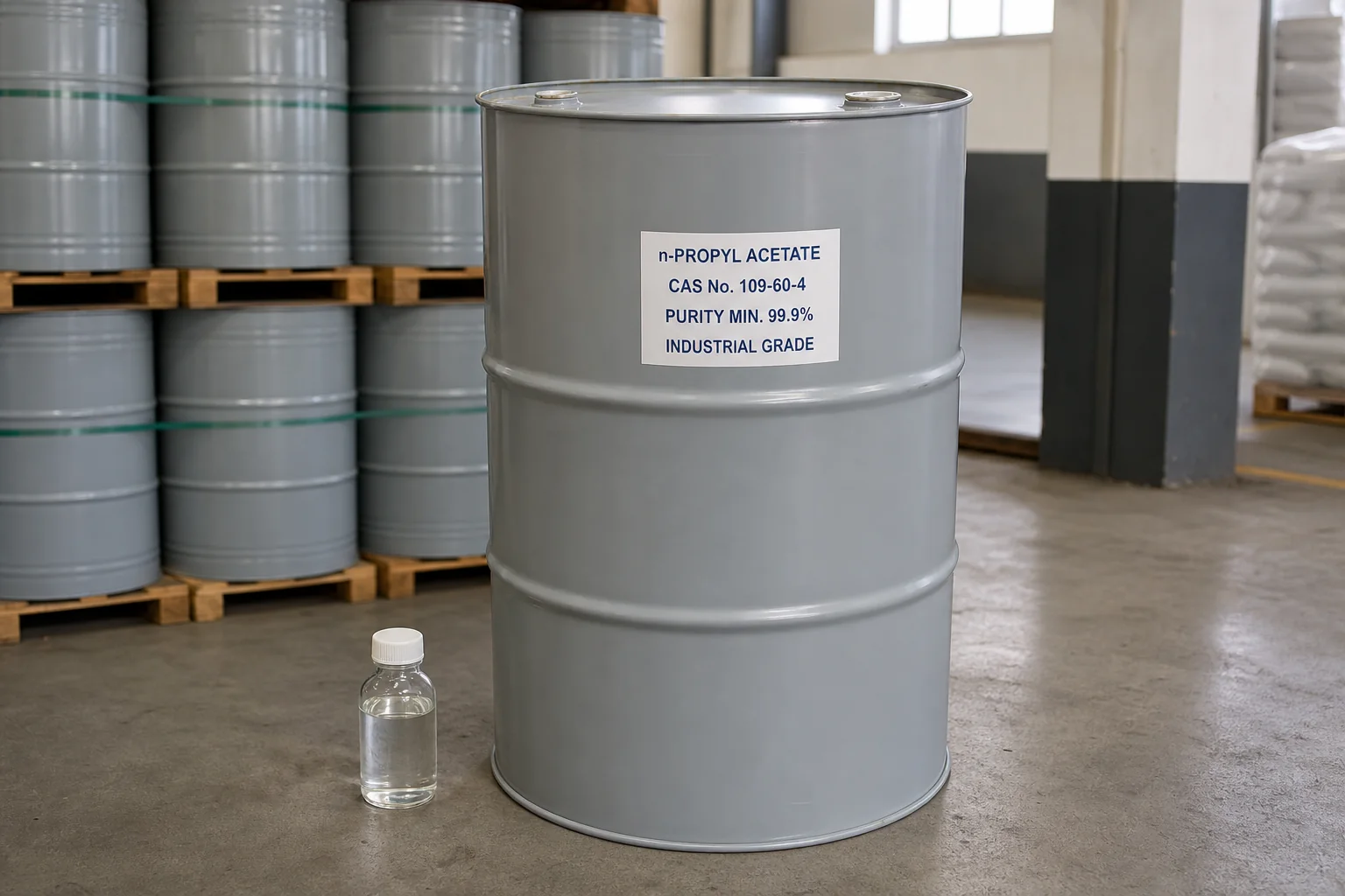 n-Propyl Acetate Industrial Grade CAS 109-60-4 n-Propyl Acetate industrial grade in a 200L steel drum, CAS 109-60-4, purity 99.9% min., supplied by Xinchen