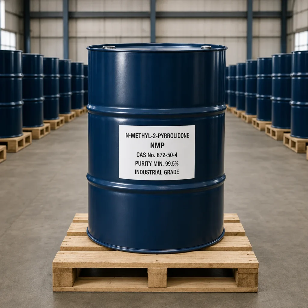 N-Methyl-2-Pyrrolidone NMP industrial grade in a dark blue 200L steel drum in an organized warehouse, CAS 872-50-4, purity 99.5% min.