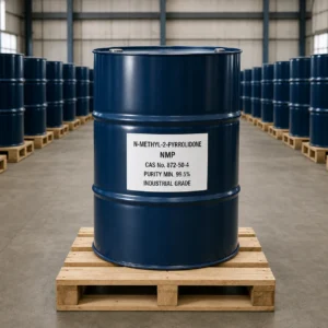 N-Methyl-2-Pyrrolidone NMP industrial grade in a dark blue 200L steel drum in an organized warehouse, CAS 872-50-4, purity 99.5% min.