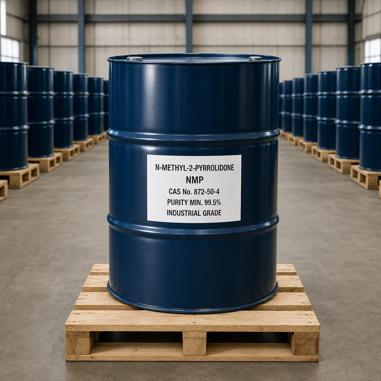 N-Methyl-2-Pyrrolidone NMP CAS 872-50-4 N-Methyl-2-Pyrrolidone NMP industrial grade in a dark blue 200L steel drum in an organized warehouse, CAS 872-50-4, purity 99.5% min.