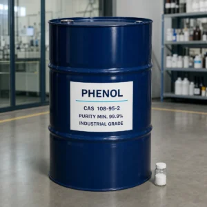 Phenol industrial grade CAS 108-95-2 purity min. 99.9% in full-size navy steel drum with sealed crystal sample